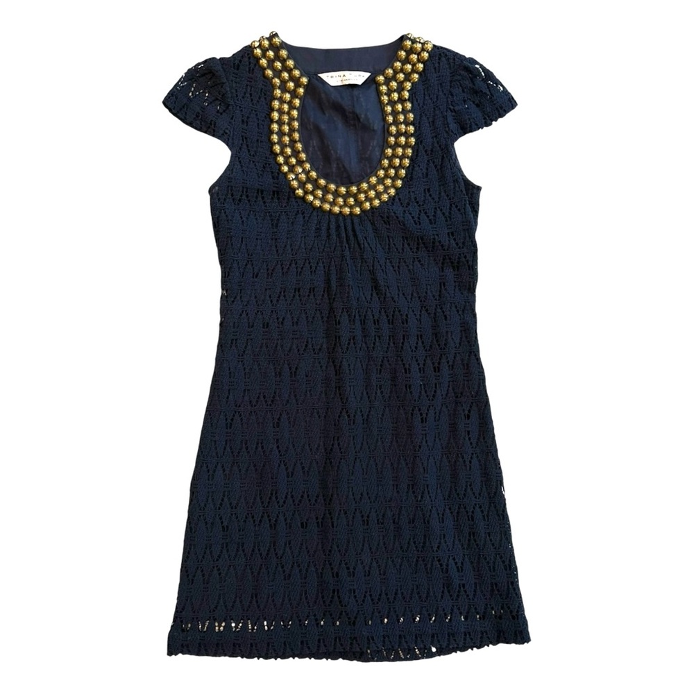 Trina Turk Mini Dress 4 Navy Blue Lace Gold Studded Embellished Bonita Shift